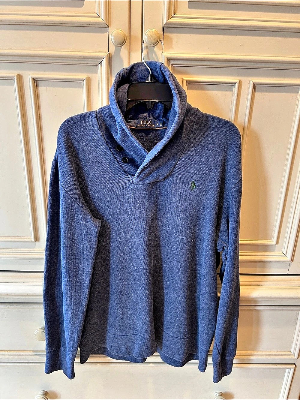 Polo Ralph Lauren Shawl Collar Pullover Sweatshirt with Elbow Patches Blue Large